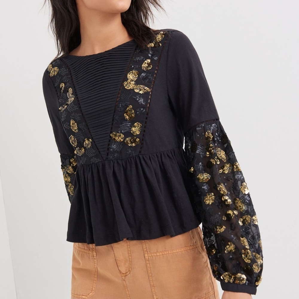 Anthropologie Neale Sequined Peplum Top XS Black & Gold Sequin